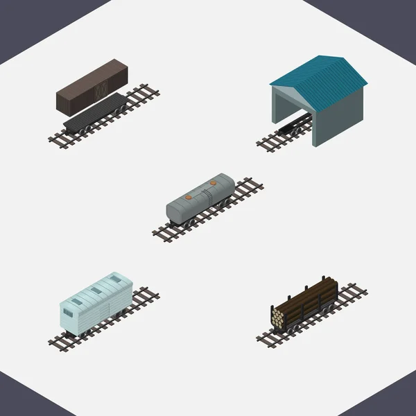 Conjunto de vagões isométricos de vagão de óleo, transporte de madeira, tanque de entrega e outros objetos vetoriais. Também inclui vagão, transporte, elementos metálicos . — Vetor de Stock