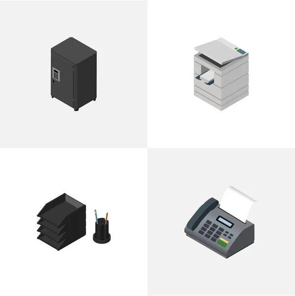Izometrické pracovní nastavení skeneru, telefon, Strongbox a ostatní vektorové objekty. Zahrnuje také telefon, soubor, zásobník prvky. — Stockový vektor