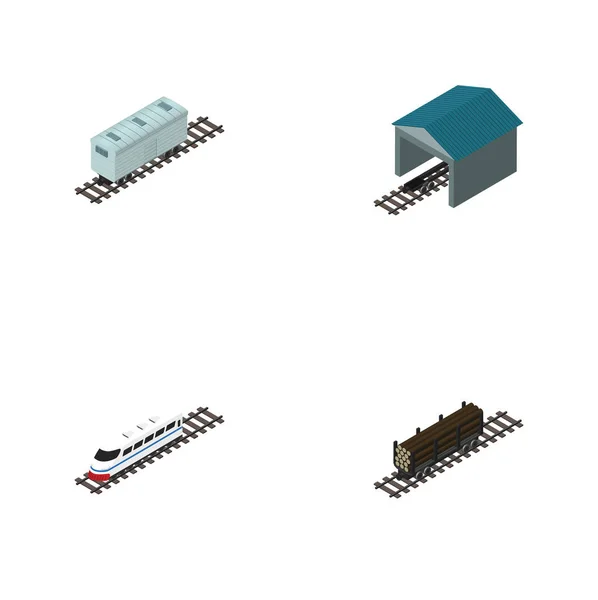 Isometrisk Railway uppsättning järnvägen transport, tunnelbana, Lumber frakt och andra vektorobjekt. Innehåller även tunnelbana, tåg, järnväg element. — Stock vektor