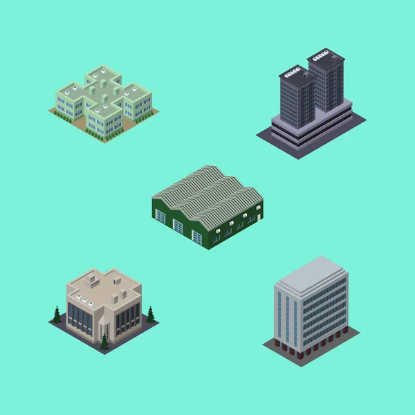 Isometrische stedelijke Set van toren, kantoor, magazijn en andere vectorobjecten. Ook opslag, wolkenkrabber, kliniek elementen. — Stockvector
