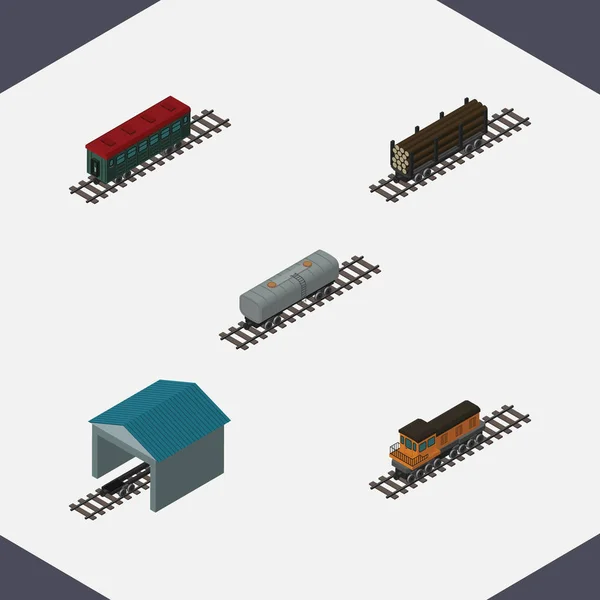 Conjunto ferroviário isométrico de trem, depósito, veículo de metrô e outros objetos vetoriais. Também inclui trem, vagão, elementos de locomotiva . — Vetor de Stock