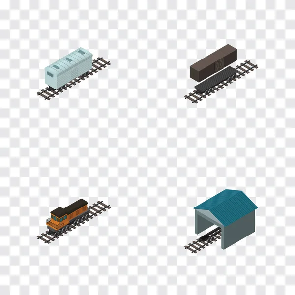 Isometrischer Waggonsatz aus Lieferbehälter, Depot, Zug und anderen Vektorobjekten. umfasst auch Depot, Metall, Anschlagelemente. — Stockvektor