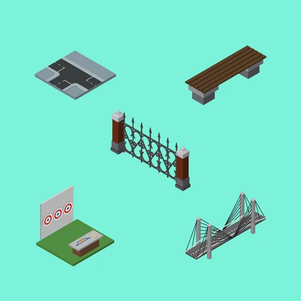 Isométrico conjunto urbano de banco, valla, puente y otros objetos vectoriales. También incluye Tiro con Arco, Suspensión, Elementos de Asiento . — Vector de stock