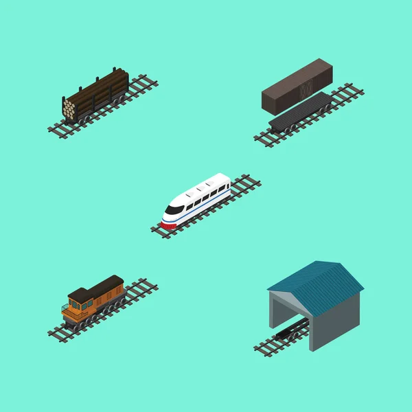 Conjunto ferroviário isométrico de transporte de madeira, depósito, trem e outros objetos vetoriais. Também inclui madeira, tanque, elementos de contêiner . —  Vetores de Stock