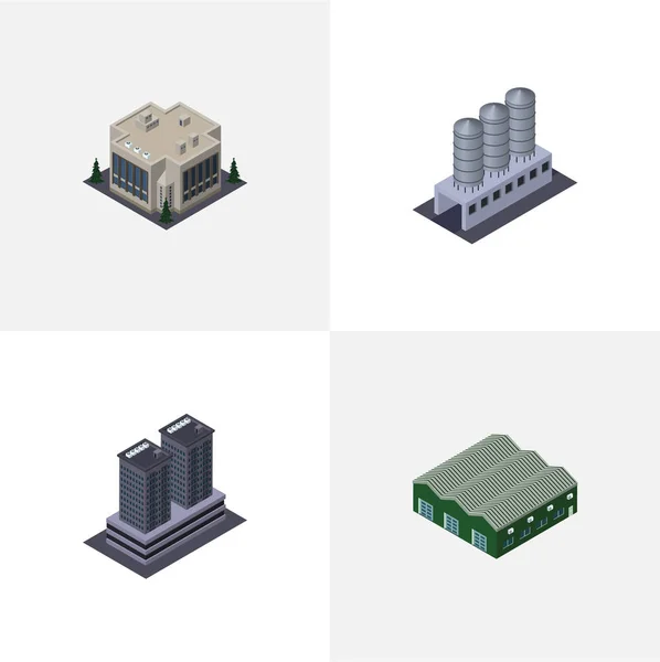 Conjunto urbano isométrico de torre, empresa, almacenamiento de agua y otros objetos vectoriales. También incluye Edificio, Almacén, Elementos de depósito . — Vector de stock