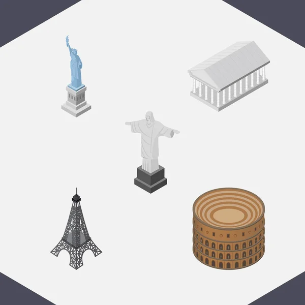 Conjunto de arquitectura isométrica de París, Nueva York, Río y otros objetos vectoriales. También incluye Coliseo, Museo, Elementos Liberty . — Vector de stock