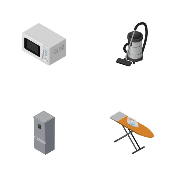 Isometrische Elektronik-Set aus Vakuum, Tucheisen, Küchenkühlschrank und anderen Vektorobjekten. umfasst auch Staubsauger, Kühlschrank, Stoffelemente. — Stockvektor