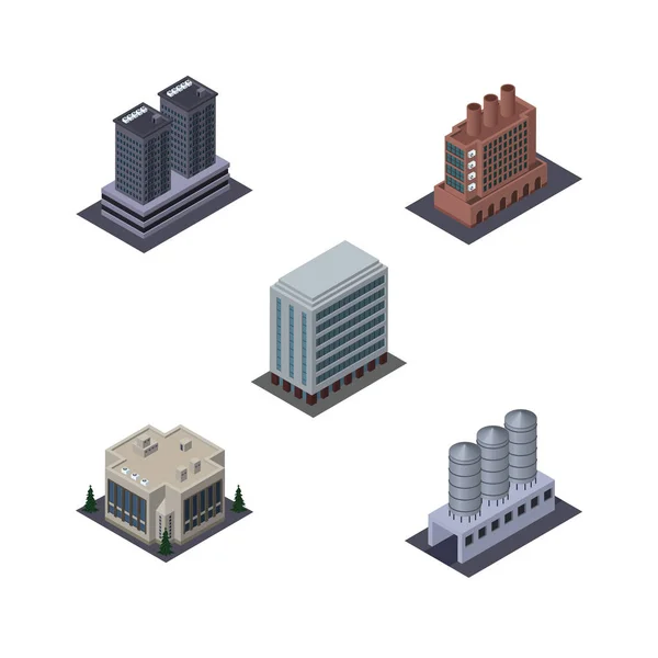 Isometrisk Urban uppsättning företag, kontor, vatten lagring och andra vektorobjekt. Innehåller även kontor, fabrik, skyskrapa element. — Stock vektor