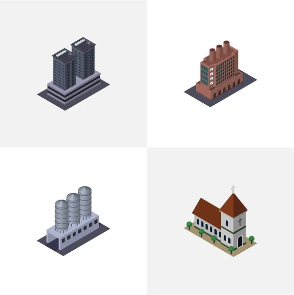 Isometric Construction Set of Tower, Water Storage, Chapel and Other Vector Objects. Также включает в себя хранилище, резервуар, элементы часовни . — стоковый вектор