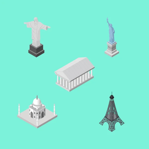 Conjunto de ciudades isométricas de Atenas, París, la mezquita de la India y otros objetos vectoriales. También incluye Atenas, Estatua, Elementos de París . — Vector de stock