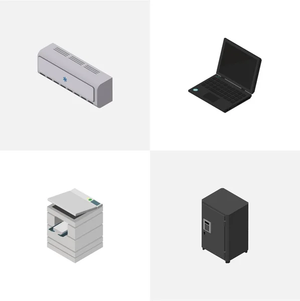 Isometrische Business-Set von Laptop, Wandkühler, Safe und anderen Vektor-Objekten. umfasst auch Kopierer, Scanner, Tresorelemente. — Stockvektor
