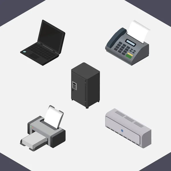 Изометрический рабочий набор офисного телефона, крепкого ящика, печатной машины и других векторных объектов. Также включает принтер, безопасные, охлаждающие элементы . — стоковый вектор