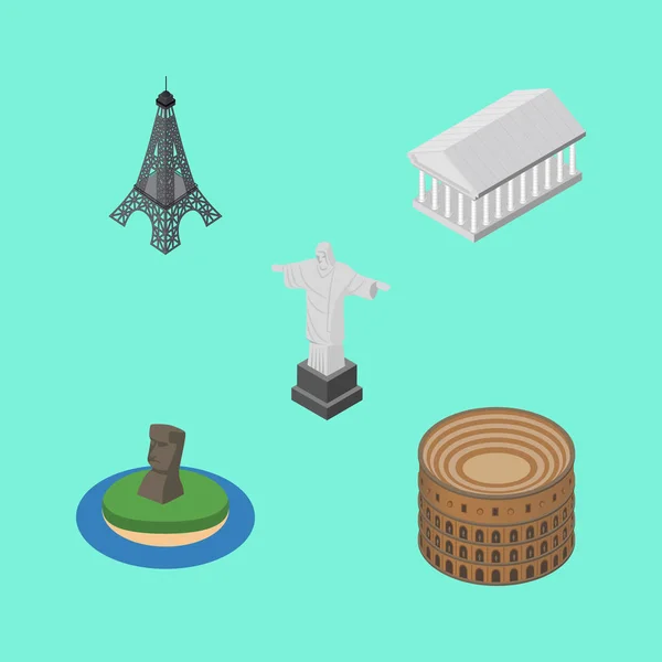 Isométrico conjunto de viajes de Atenas, París, Coliseo y otros objetos vectoriales. También incluye Acrópolis, Atenas, Chile Elementos . — Vector de stock