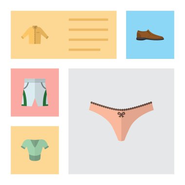 Düz hazır giyim iç çamaşırı, erkek Footware, Banyan ve diğer vektör nesneleri kümesi. Ayrıca şort, kumaş, gömlek öğeleri içerir.