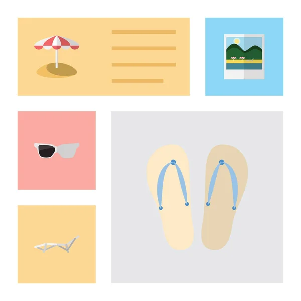 Set da spiaggia piatta di occhiali, sedia a sdraio, promemoria e altri oggetti vettoriali. Include anche sandali, foto, elementi di sedia . — Vettoriale Stock