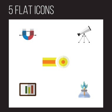 Düz bilim kapsamı, kimyasal, diyagram ve diğer vektör nesneleri kümesi. Ayrıca alev, teleskop, çekici öğeleri içerir.