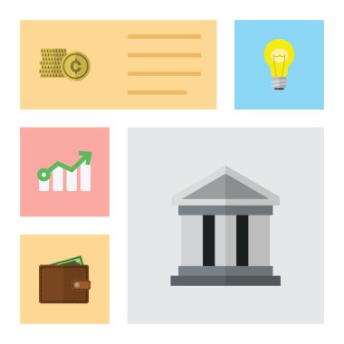 Düz kazanç nakit, cüzdan, büyüme ve diğer vektör nesneleri kümesi. Ayrıca ok, cüzdan, mimari öğeler içerir.