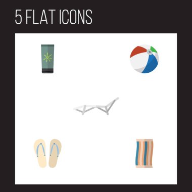Düz plaj şezlong, silecek, plaj sandalet vektör nesneleri kümesi. Ayrıca Flop, Küre, silecek unsurları içerir.