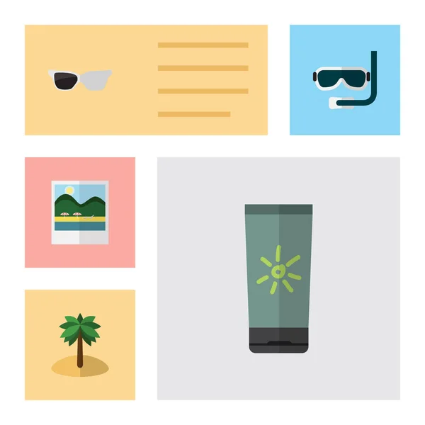 Set de playa plana de humectante, recordatorios, gafas y otros objetos vectoriales. También incluye Aqualung, Recordatorios, Imágenes Elementos . — Vector de stock