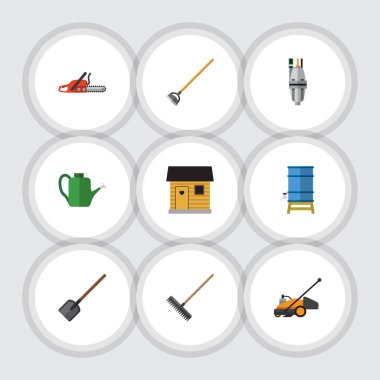 Düz çiftlik Bauer, çim biçme makinesi, konteyner ve diğer vektör nesneleri kümesi. Ayrıca ahır, Blade, kürek unsurları içerir.