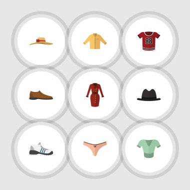 Düz elbise spor ayakkabı, iç çamaşırı, elbiseler ve diğer vektör nesnelerini ayarlayın. Ayrıca ayakkabı, Footware, Fedora öğeleri içerir.
