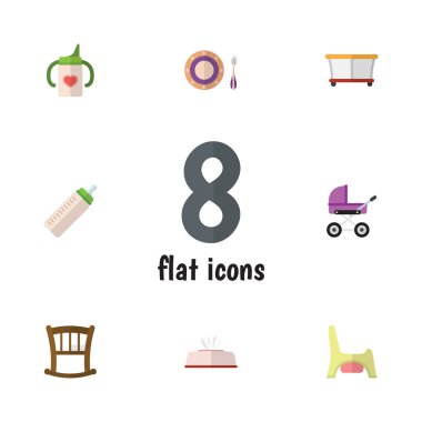 Düz çocuk Besleyici, bebek arabası, Bebek plaka ve diğer vektör nesnelerini ayarlayın. Aynı zamanda şişe, doku, tuvalet öğeler içerir.