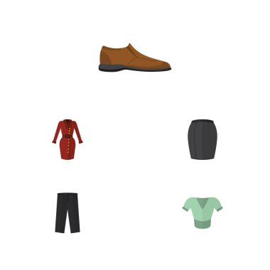 Düz elbise pantolon, rahat, şık giyim ve diğer vektör nesneleri kümesi. Ayrıca kadın, tozluk, adam unsurları içerir.