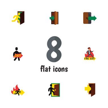 Giriş, yangın çıkışının, açık kapı ve diğer vektör nesneleri daire acil kümesi. De içerir yangın, acil durum, çıkış elemanları.