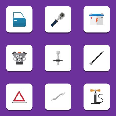 Düz atölye susturucu, otomobil parçası, Ratchet ve diğer vektör nesneleri kümesi. Ayrıca acil durum, kapı, motoru unsurları içerir.