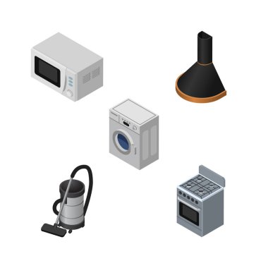 İzometrik elektronik mikrodalga, Vac, soba ve diğer vektör nesneleri kümesi. Ayrıca Ocak, Hood, çıkarıcı unsurları içerir.
