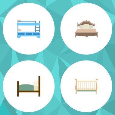 Düz yatak yatak odası, yatak, ranza ve diğer vektör nesnelerini ayarlayın. Ayrıca içerir yatak, yatak, ranza öğeleri.