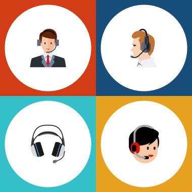 Düz Telefonla satış operatörü, hattı, kulaklık ve diğer vektör nesneleri ayarlayın. Ayrıca yardım hattı, Online, telefonla satış elemanları içerir.