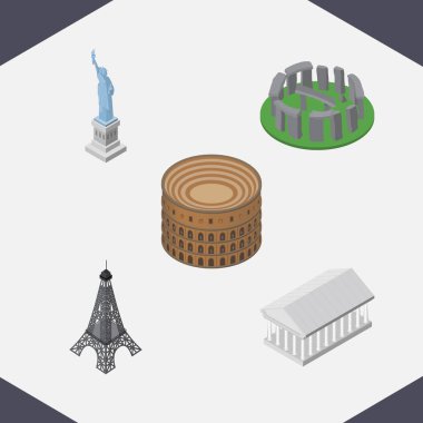 İzometrik şehirler Atina, New York, Paris ve diğer vektör nesnelerini ayarlayın. Ayrıca Stonehenge, Eiffel, müze öğeleri içerir.