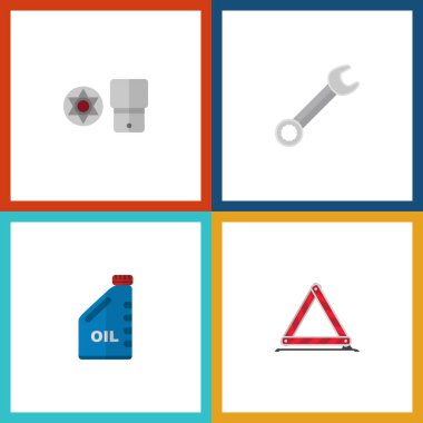 Düz otomatik benzin, somun anahtarı, uyarı ve diğer vektör nesneleri kümesi. Ayrıca anahtar, dur, uyarı öğeleri içerir.