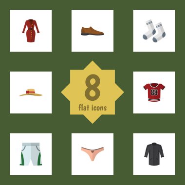 Düz elbise dizi T-Shirt, üniforma, erkek Footware ve diğer vektör nesneleri. Ayrıca Tekstil, iç çamaşırı, Ayakkabı detayları içerir.