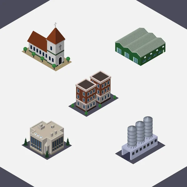 Isometric Architecture Set Of Chapel, Warehouse, Water Storage And Other Vector Objects. Also Includes Church, Warehouse, House Elements. — Stock Vector
