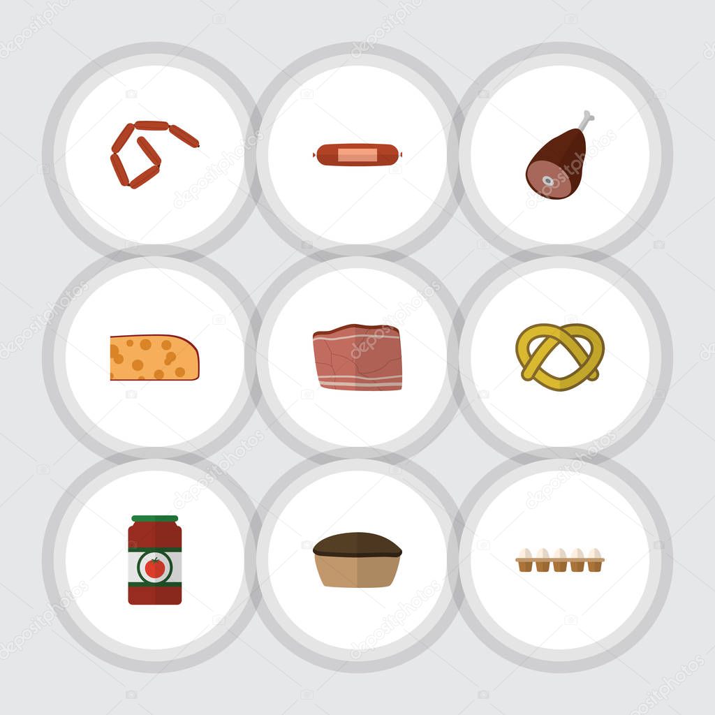 Flat Food Set Of Beef, Tart, Bratwurst And Other Vector Objects. Also Includes Tart, Biscuit, Sauce Elements.