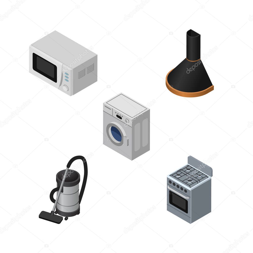 Isometric Electronics Set Of Microwave, Vac, Stove And Other Vector Objects. Also Includes Cooker, Hood, Extractor Elements.