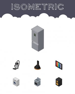 İzometrik elektronik müzik kutusu, televizyon, mutfak dolabı ve diğer vektör nesnelerini ayarlayın. Ayrıca hoparlör, Hood, soba unsurları içerir.