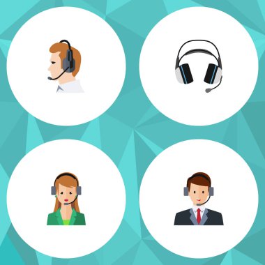 Düz çağrı Sekreter, kulaklık, telefon hattı ve diğer vektör nesneleri kümesi. Ayrıca kulaklık, kulaklık, telefonla satış elemanları içerir.