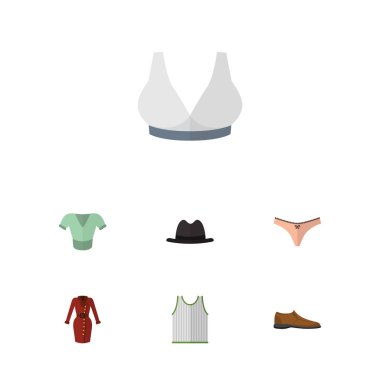 Düz elbise rahat, iç çamaşırı, Singlet ve diğer vektör nesneleri kümesi. Ayrıca Footware, sütyen, bluz unsurları içerir.