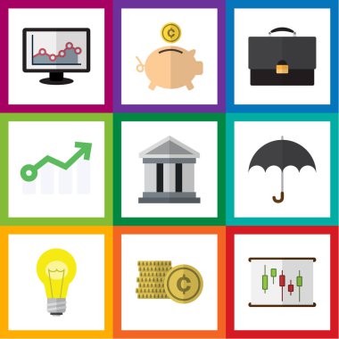 Düz gelen diyagramı, banka, grafik ve diğer vektör nesneleri kümesi. Ayrıca nakit, ampul, gözü morarmış öğeleri içerir.