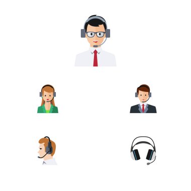 Düz Merkezi yardım, kulaklık, Sekreter ve diğer vektör nesneleri kümesi. Ayrıca Telefonla satış, operatör, kulaklık öğeleri içerir.