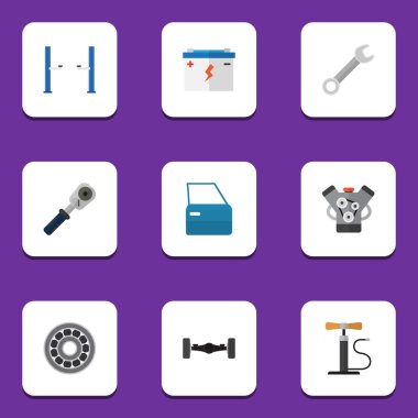 Düz otomatik fren Disk, Motor, Ratchet ve diğer vektör nesneleri kümesi. Ayrıca öğeleri kaldırma pil, İngiliz anahtarı, içerir.