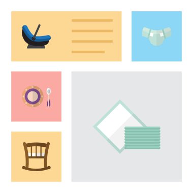 Bebek bezi, peçete, çocuk arabası ve diğer vektör nesnelerini düz bebeğim kümesi. Ayrıca plaka, yatak, yemek öğeleri içerir.