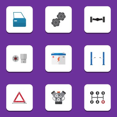 Düz atölye uyarı, taşıma, süspansiyon ve diğer vektör nesneleri kümesi. Ayrıca kemer, Motor, araba öğeleri içerir.