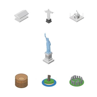 İzometrik seyahat Rio, Şili, Coliseum ve diğer vektör nesneleri kümesi. Ayrıca cami, Amerika, Moai öğeleri içerir.