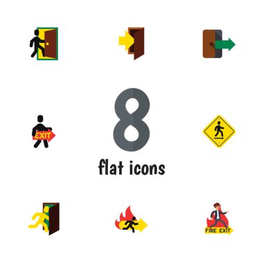 Düz çıkış yön işaretçi, çıkış, açık kapı ve diğer vektör nesneleri kümesi. Ayrıca içerir yönetim kurulu, yön, ateş öğeleri.