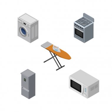 İzometrik elektronik mutfak dolabı, bez demir, soba ve diğer vektör nesneleri kümesi. Ayrıca bez, mutfak, buzdolabı öğeleri içerir.