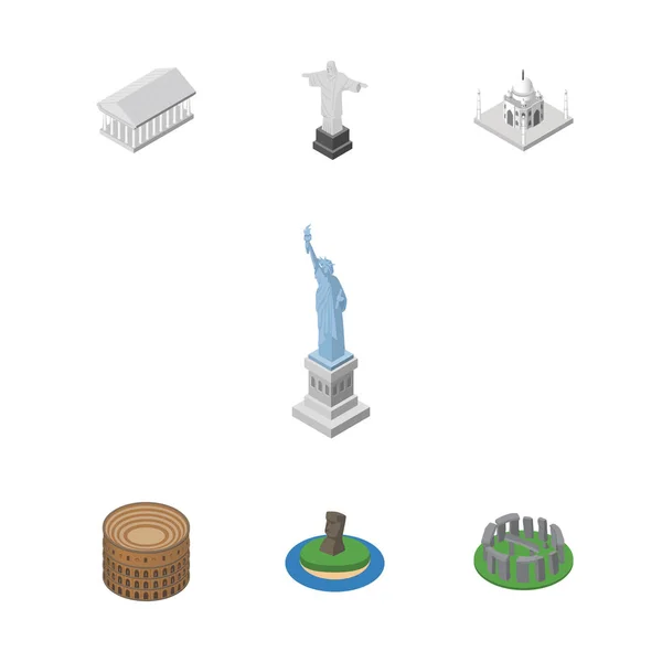 Isometrisches Reiseset aus Rio, Chile, Kolosseum und anderen Vektorobjekten. umfasst auch Moschee, Amerika, Moai-Elemente. — Stockvektor